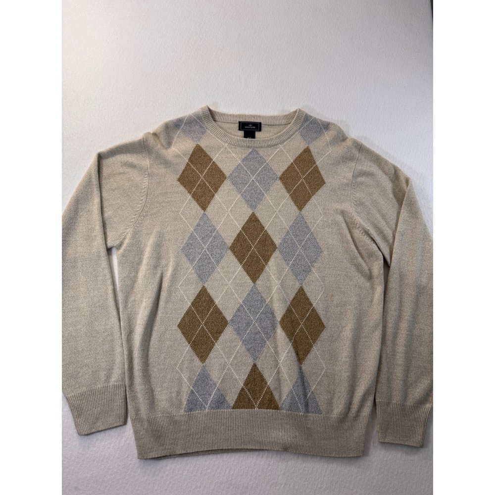 Dockers Mens Argyle Sweater Tan Brown Grey Crewneck Knit Acrylic Size Medium